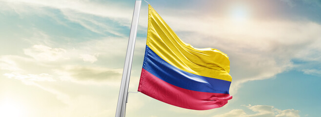 Colombia national flag cloth fabric waving on the sky - Image