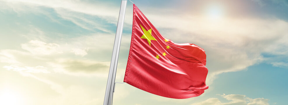 China National Flag Cloth Fabric Waving On The Sky - Image