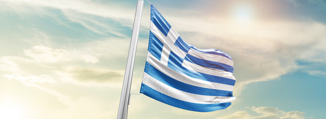 Greece national flag cloth fabric waving on the sky - Image