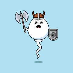 Cute cartoon character Sperm viking pirate with hat and holding ax and shield 