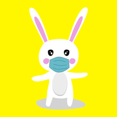 Cute Rabbit cartoon character wearing the mask on yellow background.