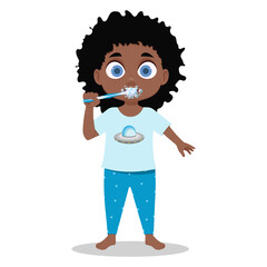 The boy is brushing his teeth, the boy is in pajamas. Vector illustration