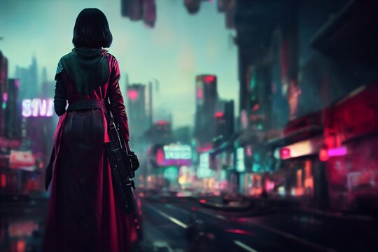 a female assassin in a cyberpunk city