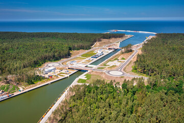 Construction of a canal to the Baltic Sea on the Vistula Spit. Poland - obrazy, fototapety, plakaty