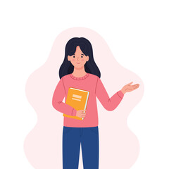 A young happy woman with a book. Teacher's Day, the concept of Literacy day. The concept of school and training. Cute vector illustration in a flat cartoon style