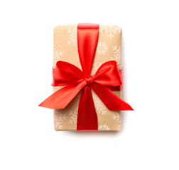 Gift box with red ribbon bow isolated on white, top view