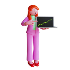 3d render businesswoman pointing on laptop with business growth report on screen