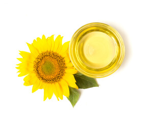 Sunflower oil and flower isolated on white, top view - obrazy, fototapety, plakaty