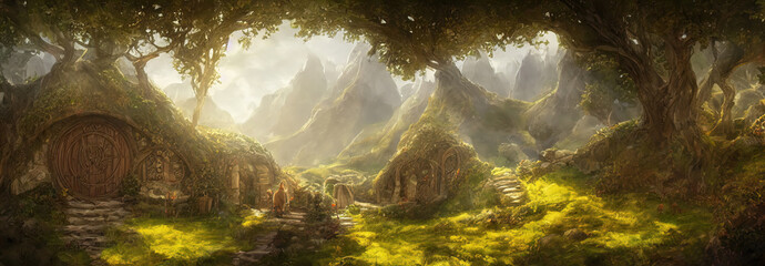 Hobbit-Dorf, Häuser mit runden Türen und Fenstern. Die Dächer der Häuser sind mit Gras bedeckt. Welt des Herrn der Ringe. 3D-Darstellung