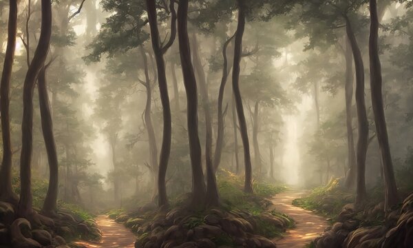 Dark mystical forest, scary curved trees. Morning fog in the dense forest. A path through a gloomy wooded area. 3d illustration