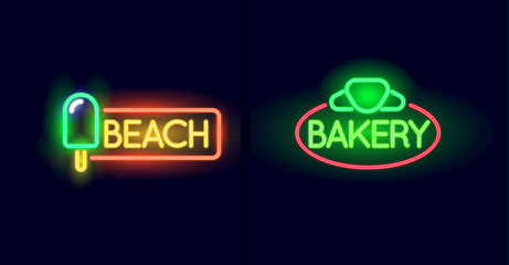 Beach with Ice Cream and Bakery with Croissant Neon light sign.
