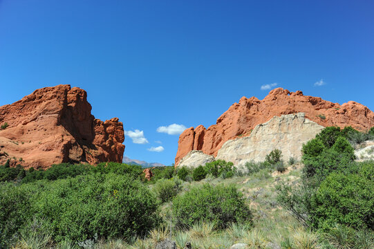 Layer of sediment exposed at the Garden of the Gods in Colorado Springs photographed on a perfect cloudless day with mostly blue clear skies.