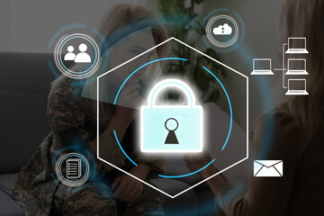 Digital padlock icon, cyber security network and data protection technology on virtual interface screen. Online internet authorized access against cyber attack.and business data privacy concept.