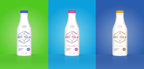 Set of Soy Milk Bottle with Colorful Background. Healthy Organic Product Made of Soy Beans. Vector Illustration. Advertising Template. Print.