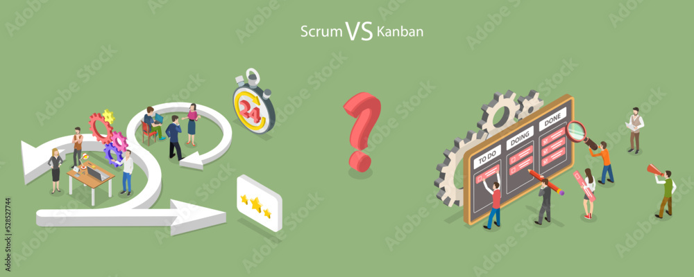 Poster 3d isometric flat vector conceptual illustration of scrum vs kanban, software development methodolog
