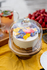 Cheesecake decorated with edible flowers on garden table