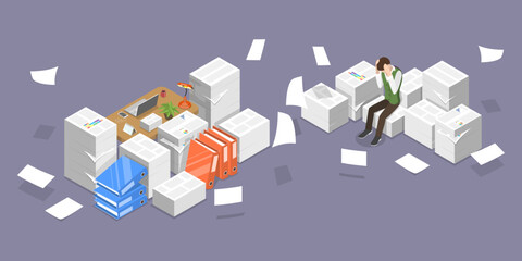 3D Isometric Flat Vector Conceptual Illustration of Time-draining Paperwork, Stress at Work
