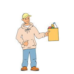 Young man, delivery man. Holds a grocery bag in his hand. Smiling and showing thumbs up. The concept of fast food delivery to your home. Modern stock vector illustration of food delivery. 