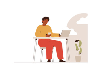 Fototapeta na wymiar Black skin male freelancer works in cafe and drinks coffee. Young man sitting at table and using laptop for chatting or online meeting. Self employed guy at comfortable coworking. Vector illustration