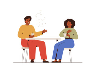 Young couple sit at cafe table and talking or chatting. Black man and woman on romantic date or friendly meeting. Two collegues spend time together at coffee break. Vector illustration. - 528529570