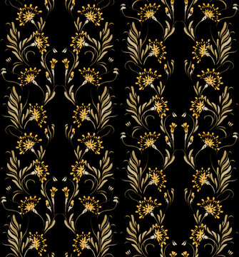 Ukrainian folk painting style Petrykivka. Floral watercolor seamless pattern from golden dill flowers and gold fennel leaves on a black background