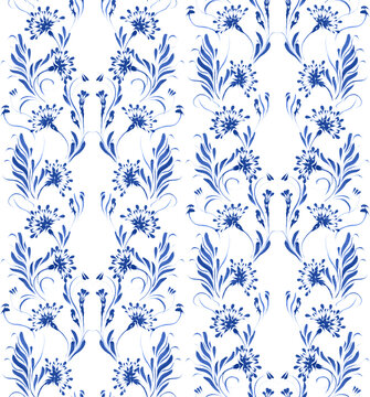 Ukrainian folk painting style Petrykivka. Floral watercolor seamless pattern from blue cornflowers and fennel leaves on a white background © L. Kramer