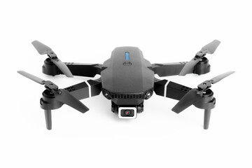 Front view of a modern small drone with video recording function, white background, close up