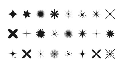  Modern geometric different elements, shining star icons,black  sparkle  vector symbol.Vector illustration isolated on white background.