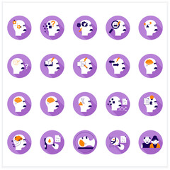 Alzheimer disease flat icons set.Memory loss, language problems, impulsive behaviour.Neurologic disorder concept.Vector illustrations