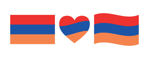 Armenia flag signs set, Armenian heart shape decorative element. Armenia Independence Day. National Armenian flag symbols.