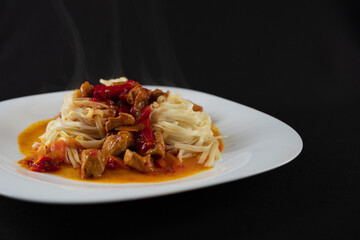 the lagman dish. a white plate. pieces of meat. pieces of vegetables. dark background