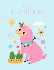 Cute llama. Holiday greeting card. Funny pink alpacas with cactuses. Motivational inscription. Peru baby animal. Happy lama character. Floral elements. Vector cartoon childish poster © VectorBum