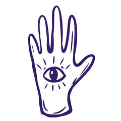 Vector graphic sketch of hand with magic esoteric symbol of eye. Vector doodle mystical eye on hand