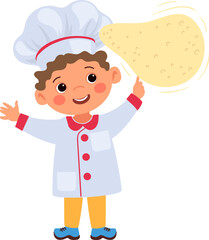 Funny boy with dough. Cartoon kid baking pastry
