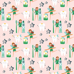 Seamless tooth fairy character pattern and tooth with crown. Cartoon stomatology repeat background. Dental children digital paper for wallpaper, textile, fabric design