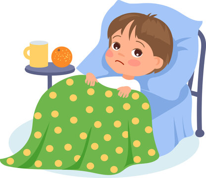 Ill child. Kids illnesses. Injuries and ailments. Sick boy lying in bed under blanket. Cold and fever. Unwell baby. Patient treatment. Ailing teen. Virus infection. Vector illustration