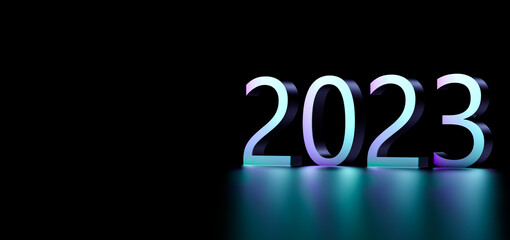 2023 neon numbers on the floor on a black background. 2023 neon blank for text, copying. 2023 banner. 3D render.