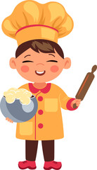 Little cook with prolling pin and dough. Cartoon kid chef
