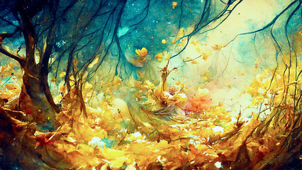 golden leaves in a fantasy forest watercolor, created with generative ai