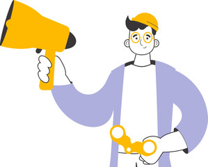 The guy holds a mouthpiece and binoculars in his hands. Job Search Theme. H.R. Linear style. Isolated. Vector.