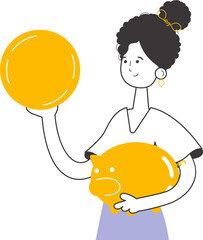 The girl is holding a coin and a piggy bank in her hands. The theme of saving money. Linear style. Isolated. Vector.