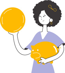 A woman holds a coin and a piggy bank in her hands. The theme of saving money. Linear trendy style. Isolated. Vector.