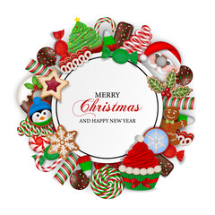 Christmas background with sweets. christmas round frame with candies and cakes