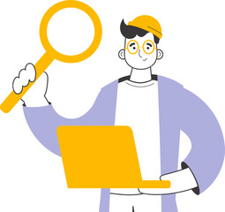 The guy holds a magnifying glass and a laptop in his hands. Job Search Theme. H.R. Linear style. Isolated. Vector.