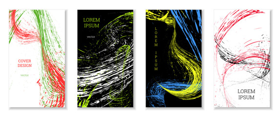 Drawn strokes, waves. Abstract cover. Set of 4 covers, vector.