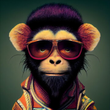 Stylized cool funky monkey portrait colored 3D Illustration with a colorful background