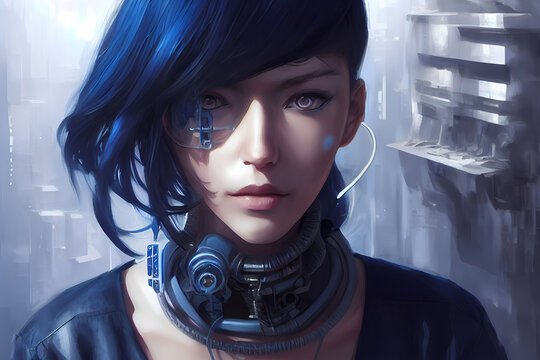 cyber girl with dark blue hair portrait, futuristic city in background, digital painting