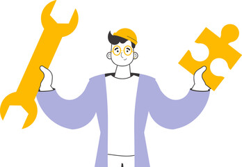 A man is holding a wrench and a puzzle. Teamwork theme. Linear trendy style. Isolated. Vector.