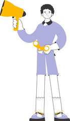 A man holds a mouthpiece and binoculars in his hands. Job Search Theme. H.R. Linear modern style. Isolated. Vector.