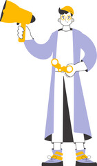 A man holds a mouthpiece and binoculars in his hands. Job Search Theme. H.R. Linear style. Isolated. Vector.